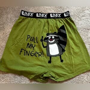 Brand new. Lazy One Green Boxers sz small with Raccoon Graphic “Pull My Finger.”